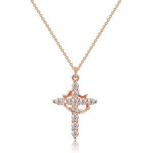 Womens Crown Cross Rose 14K Gold Plated Crown Cross Necklace - Non-Tarnish Faith